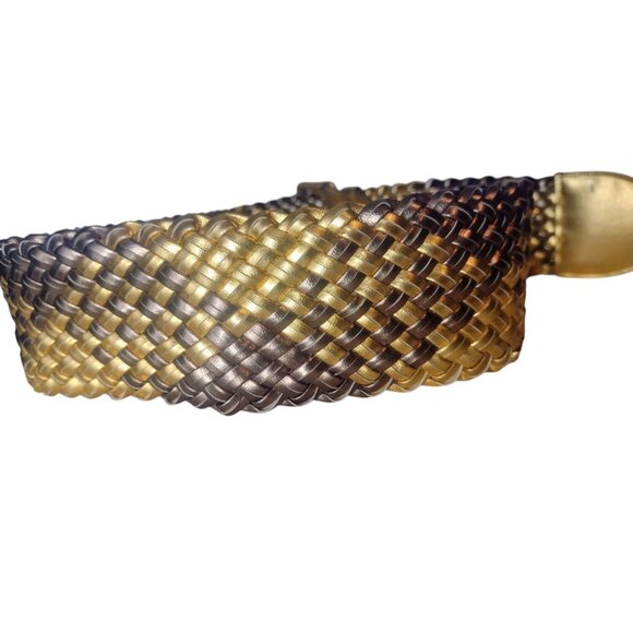 Wide Woven Faux Leather Gold Bronze Metallic Belt Vintage Boho Western Shiny - Picture 4 of 5